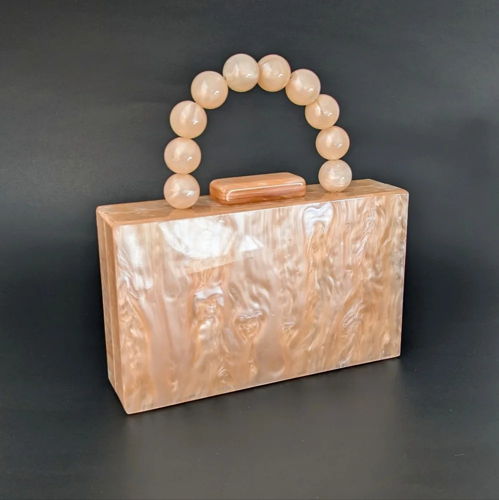 Orange Mother of Pearl Acrylic Box Clutch Purse Chunky Beaded Handle